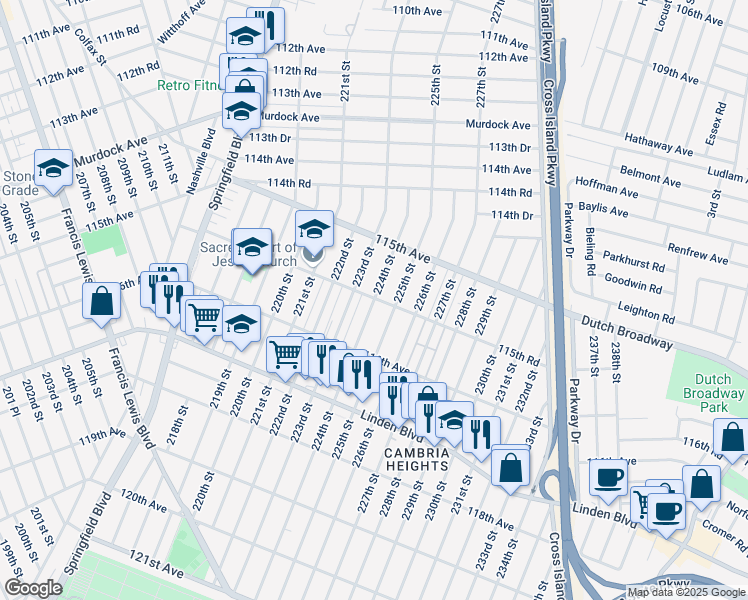 map of restaurants, bars, coffee shops, grocery stores, and more near 6404 224th Street in Queens