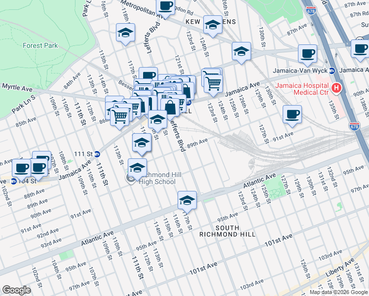 map of restaurants, bars, coffee shops, grocery stores, and more near 87-78 Lefferts Boulevard in Queens