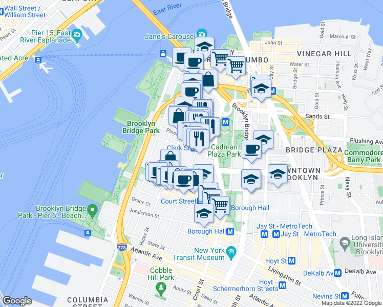 map of restaurants, bars, coffee shops, grocery stores, and more near 80 Clark Street in Brooklyn