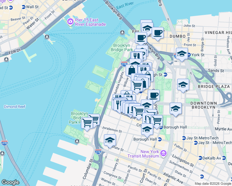 map of restaurants, bars, coffee shops, grocery stores, and more near 169 Columbia Heights in Brooklyn
