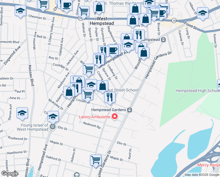 map of restaurants, bars, coffee shops, grocery stores, and more near 277 Spruce Street in West Hempstead