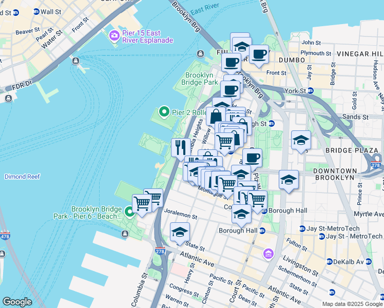 map of restaurants, bars, coffee shops, grocery stores, and more near 147 Columbia Heights in Brooklyn