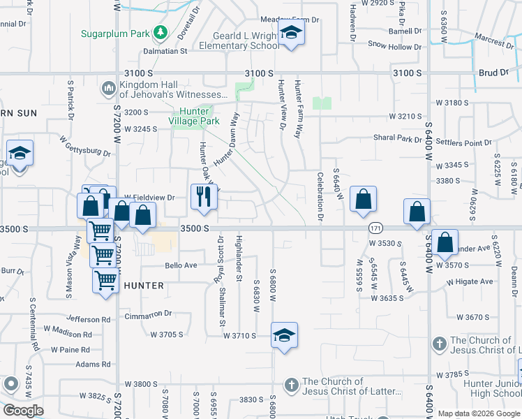 map of restaurants, bars, coffee shops, grocery stores, and more near 3453 Bamburgh Way in West Valley City