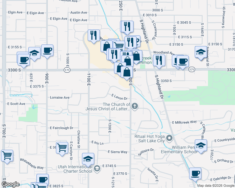 map of restaurants, bars, coffee shops, grocery stores, and more near 1206 East Ridgedale Lane in Millcreek