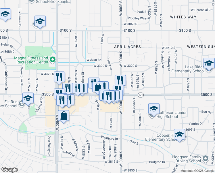 map of restaurants, bars, coffee shops, grocery stores, and more near 8082 Copperfield Place in Magna