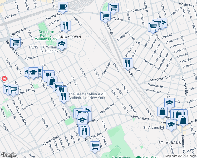 map of restaurants, bars, coffee shops, grocery stores, and more near 110-27 178th Street in Queens