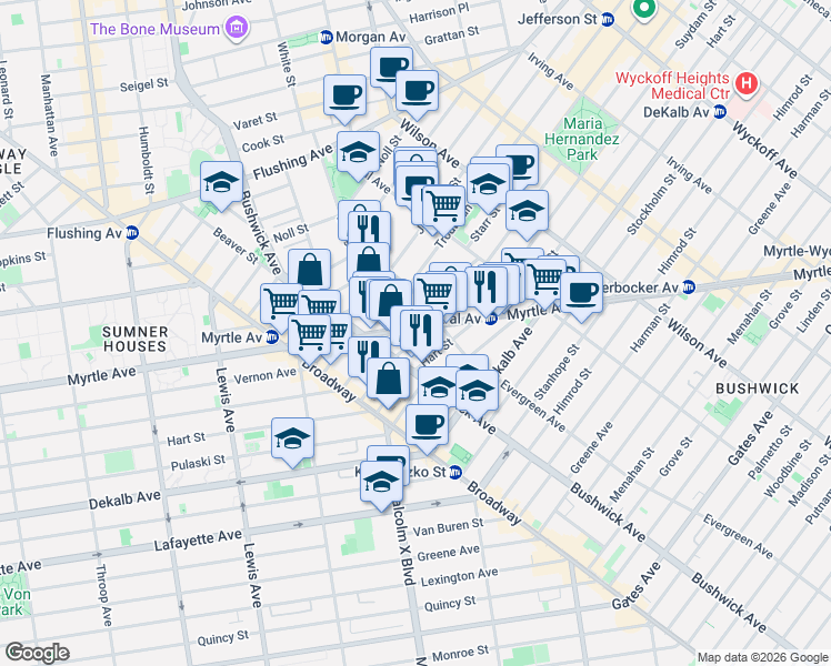 map of restaurants, bars, coffee shops, grocery stores, and more near 963 Willoughby Avenue in Brooklyn