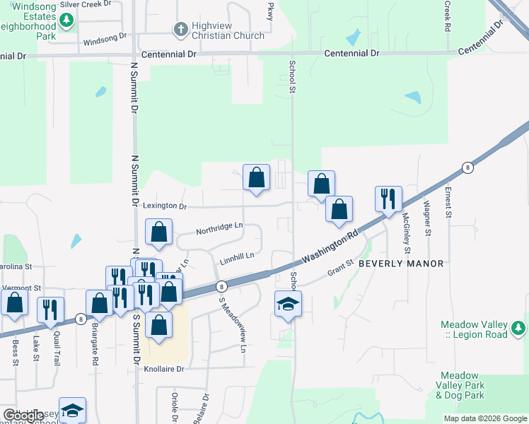 map of restaurants, bars, coffee shops, grocery stores, and more near 118 Lexington Drive in Washington