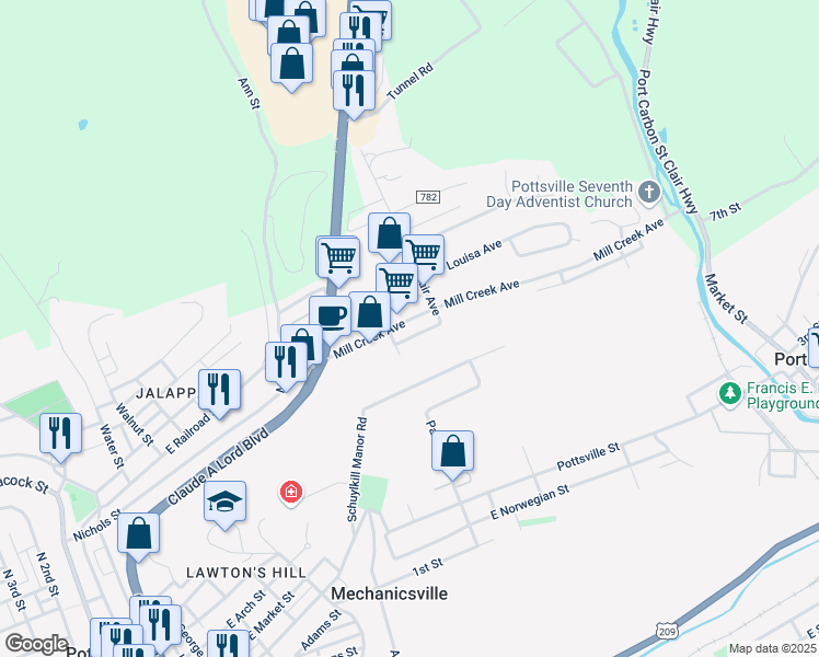 map of restaurants, bars, coffee shops, grocery stores, and more near 155 Mill Creek Avenue in Pottsville
