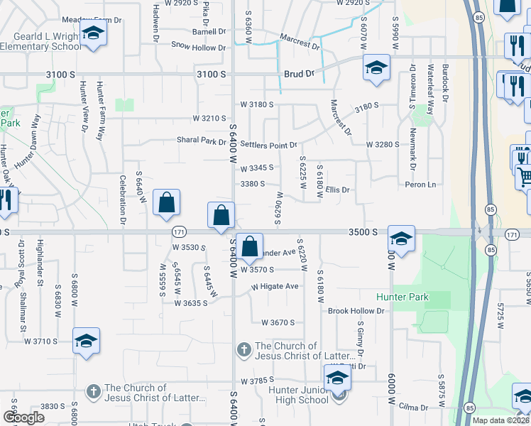map of restaurants, bars, coffee shops, grocery stores, and more near 6348 Timmerman Place in Salt Lake City
