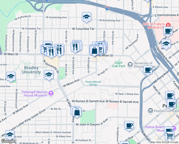 map of restaurants, bars, coffee shops, grocery stores, and more near 805 West Saint James Street in Peoria