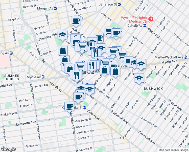 map of restaurants, bars, coffee shops, grocery stores, and more near Cedar Street in Brooklyn