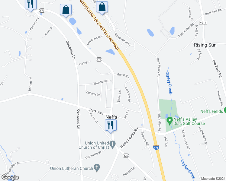 map of restaurants, bars, coffee shops, grocery stores, and more near 5746 Pennsylvania 873 in Schnecksville