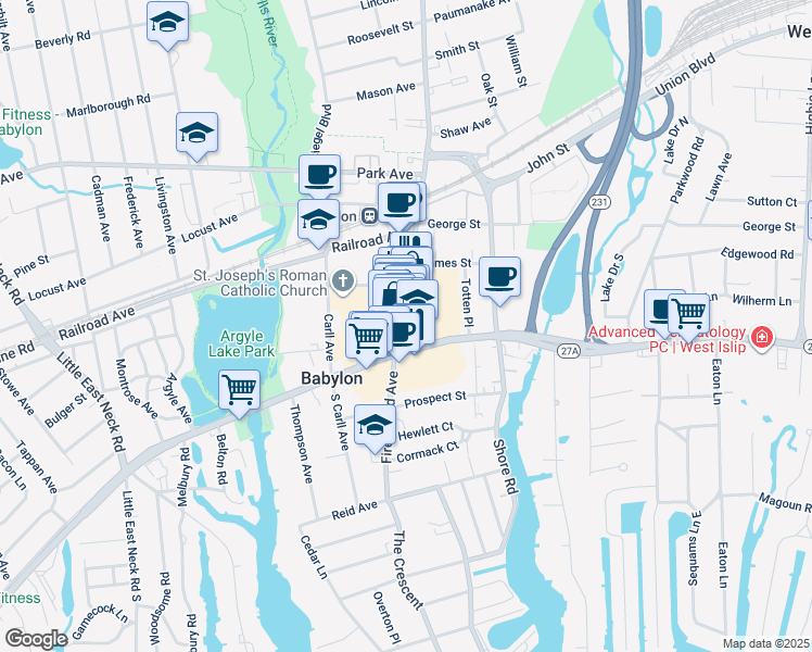 map of restaurants, bars, coffee shops, grocery stores, and more near 90 Deer Park Avenue in Babylon
