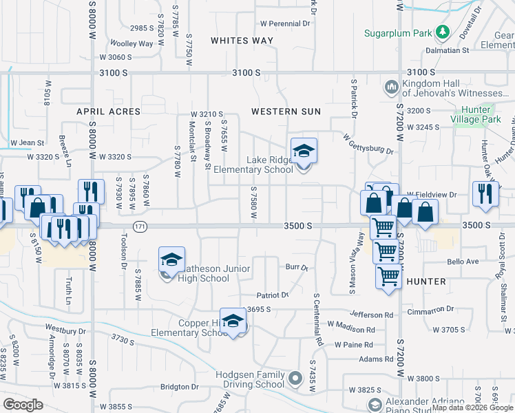 map of restaurants, bars, coffee shops, grocery stores, and more near 3418 South 7580 West in Magna