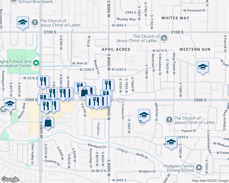 map of restaurants, bars, coffee shops, grocery stores, and more near 3414 Melanie Cove in Magna