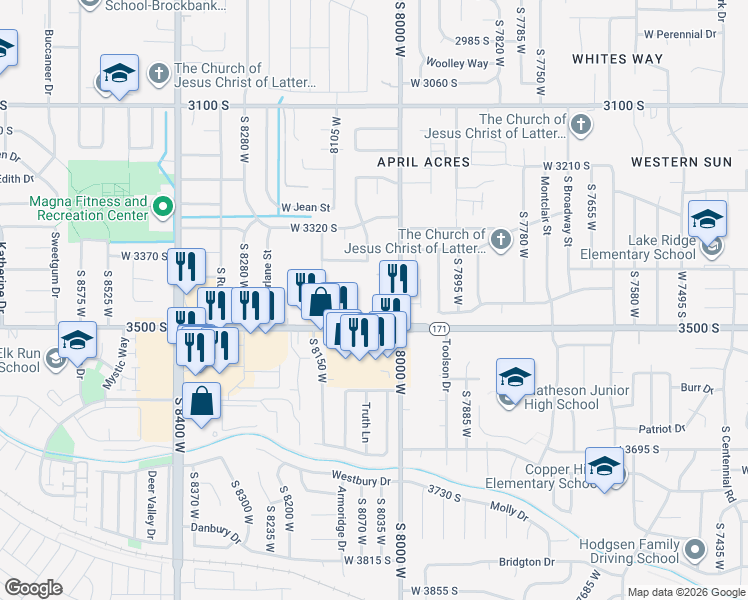map of restaurants, bars, coffee shops, grocery stores, and more near 8035 Copperfield Place in Magna