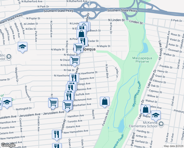 map of restaurants, bars, coffee shops, grocery stores, and more near 172 North Oak Street in Massapequa