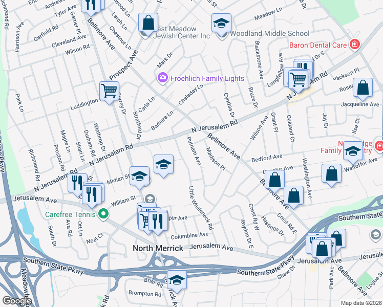map of restaurants, bars, coffee shops, grocery stores, and more near 1720 Spencer Avenue in Merrick