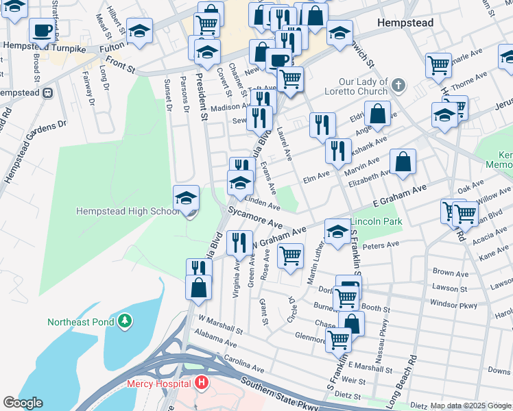 map of restaurants, bars, coffee shops, grocery stores, and more near 63 Evans Avenue in Hempstead