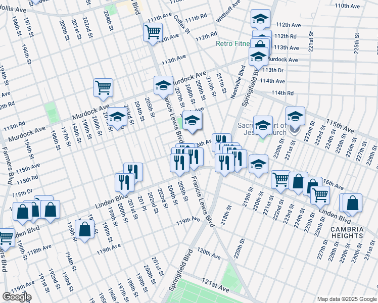 map of restaurants, bars, coffee shops, grocery stores, and more near 207-01 116th Avenue in Queens