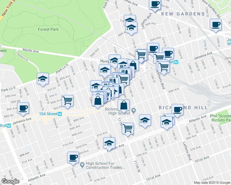 map of restaurants, bars, coffee shops, grocery stores, and more near 112-19 Jamaica Avenue in Queens