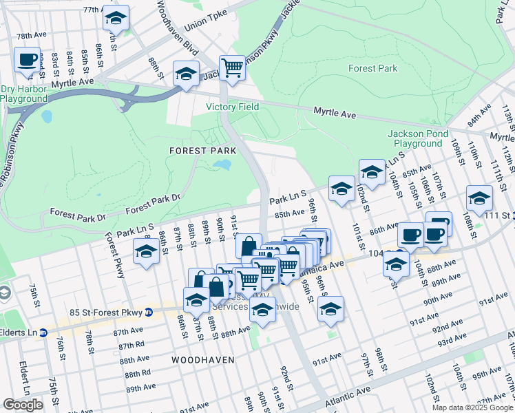 map of restaurants, bars, coffee shops, grocery stores, and more near 8391 Woodhaven Boulevard in Queens