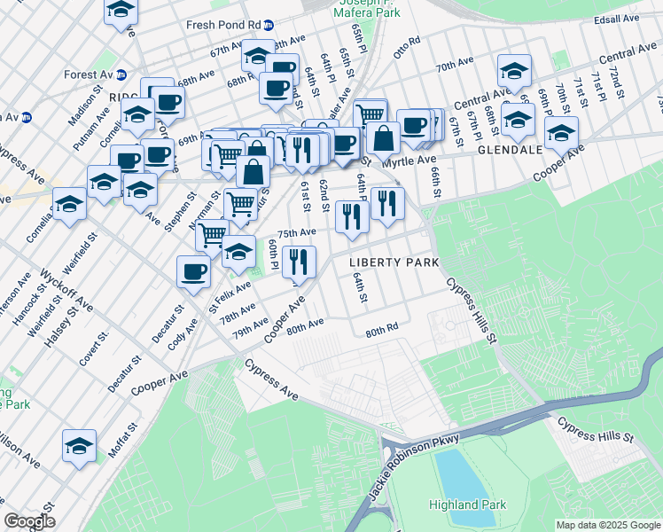map of restaurants, bars, coffee shops, grocery stores, and more near 75-26 62nd Street in Queens