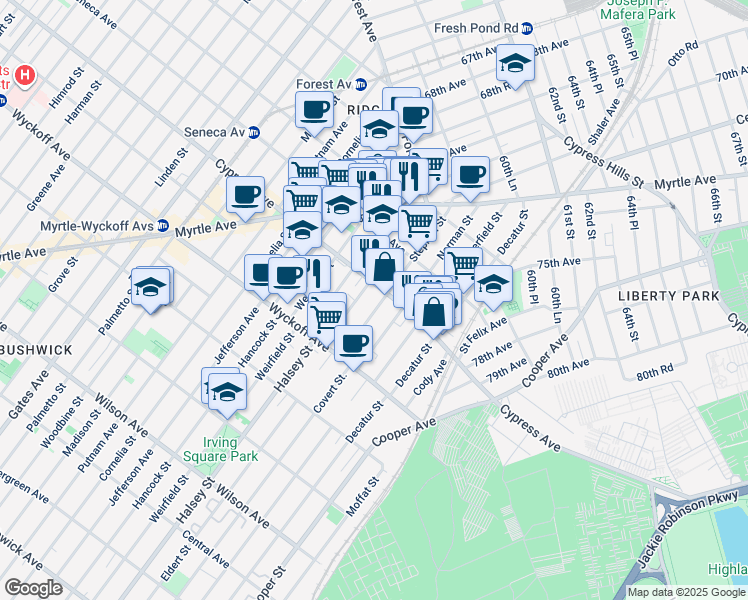 map of restaurants, bars, coffee shops, grocery stores, and more near 17-07 Stephen Street in Queens
