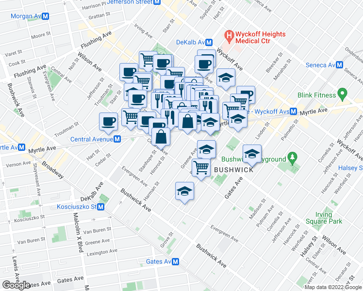 map of restaurants, bars, coffee shops, grocery stores, and more near 226 Wilson Avenue in Brooklyn