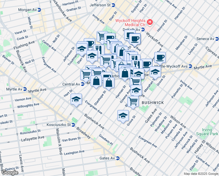 map of restaurants, bars, coffee shops, grocery stores, and more near 132A Stanhope Street in Brooklyn