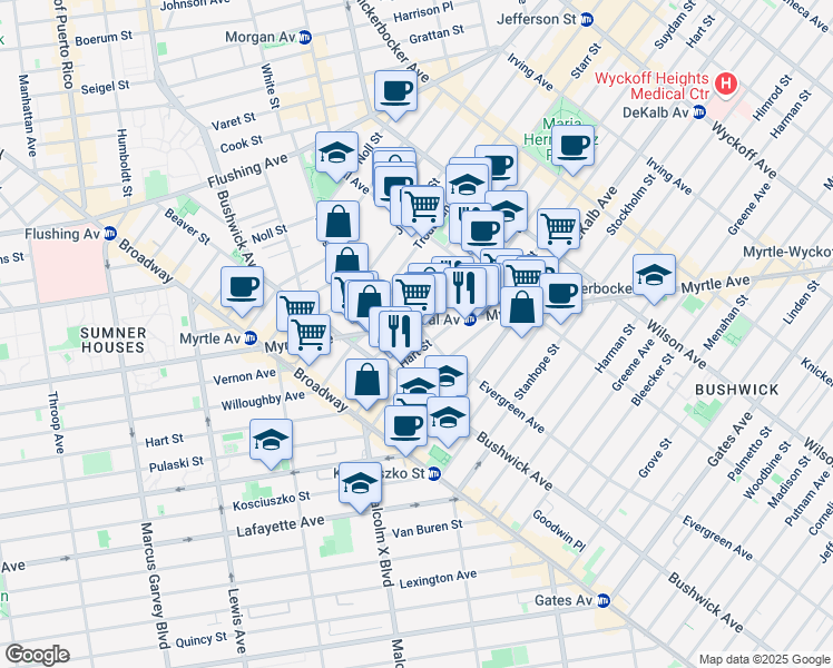 map of restaurants, bars, coffee shops, grocery stores, and more near 100 Suydam Street in Brooklyn