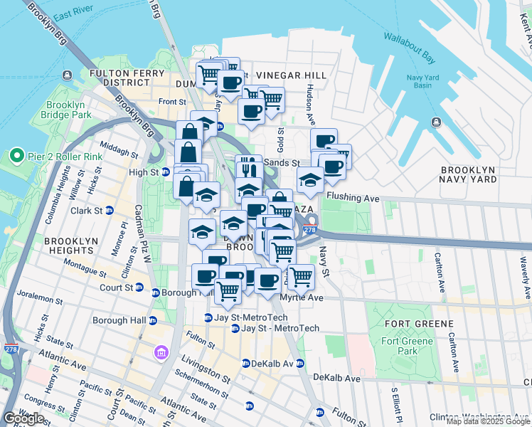 map of restaurants, bars, coffee shops, grocery stores, and more near 189 Bridge Street in Brooklyn