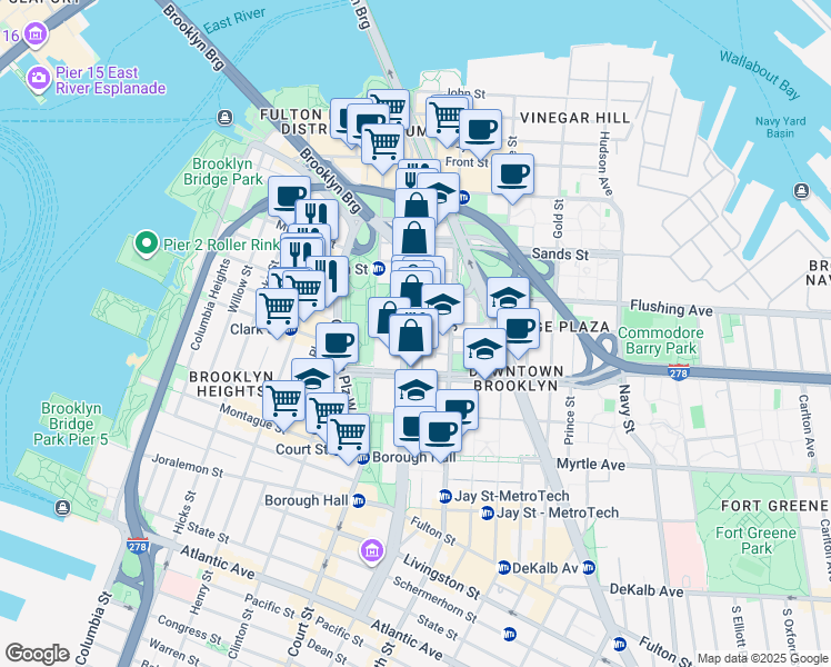 map of restaurants, bars, coffee shops, grocery stores, and more near 176 Adams Street in Brooklyn