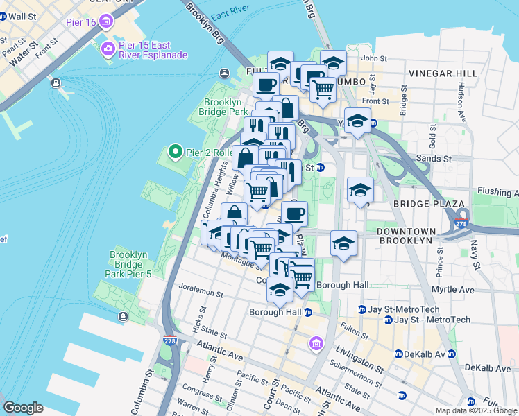 map of restaurants, bars, coffee shops, grocery stores, and more near 80 Clark Street in Brooklyn