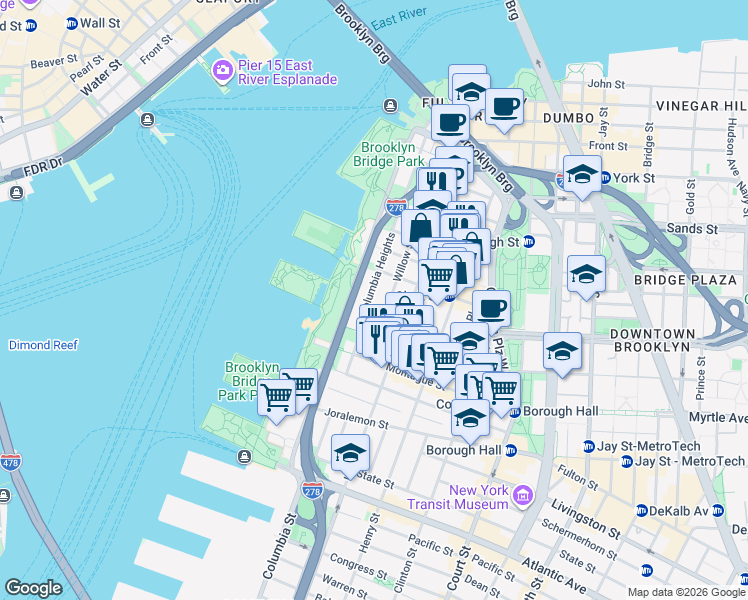 map of restaurants, bars, coffee shops, grocery stores, and more near 147 Columbia Heights in Brooklyn