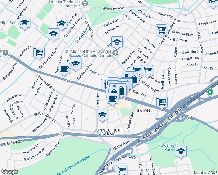 map of restaurants, bars, coffee shops, grocery stores, and more near 2047 Stowe Street in Union