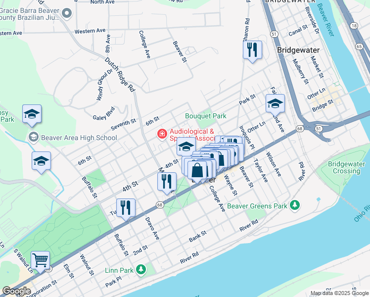 map of restaurants, bars, coffee shops, grocery stores, and more near 610 Canal Street in Beaver