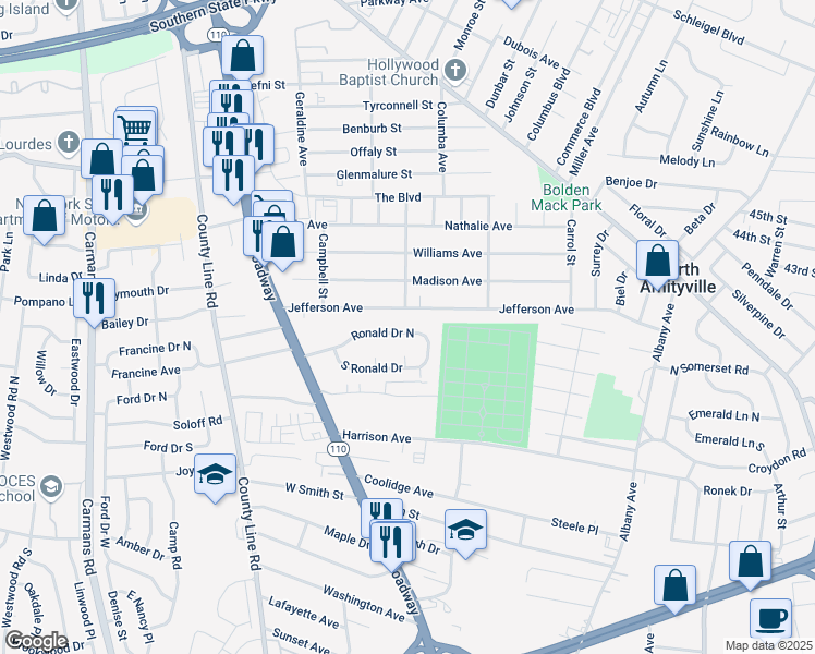 map of restaurants, bars, coffee shops, grocery stores, and more near 7 Moore Street in Amityville