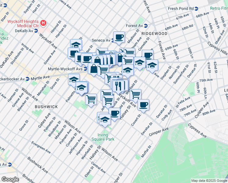 map of restaurants, bars, coffee shops, grocery stores, and more near in Queens