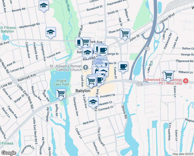 map of restaurants, bars, coffee shops, grocery stores, and more near 90 Deer Park Avenue in Babylon