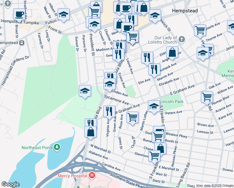 map of restaurants, bars, coffee shops, grocery stores, and more near 63 Evans Avenue in Hempstead