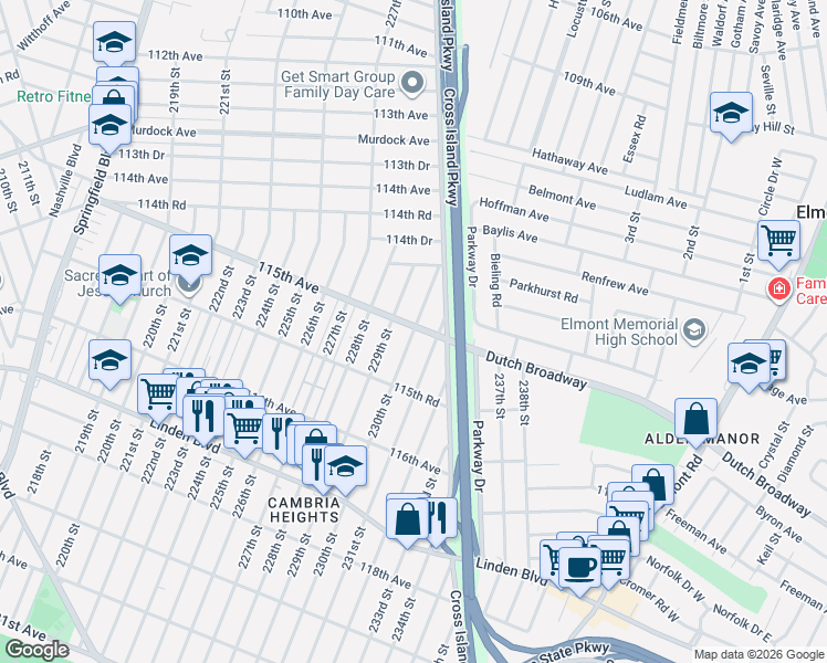 map of restaurants, bars, coffee shops, grocery stores, and more near 11431 229th Street in Queens