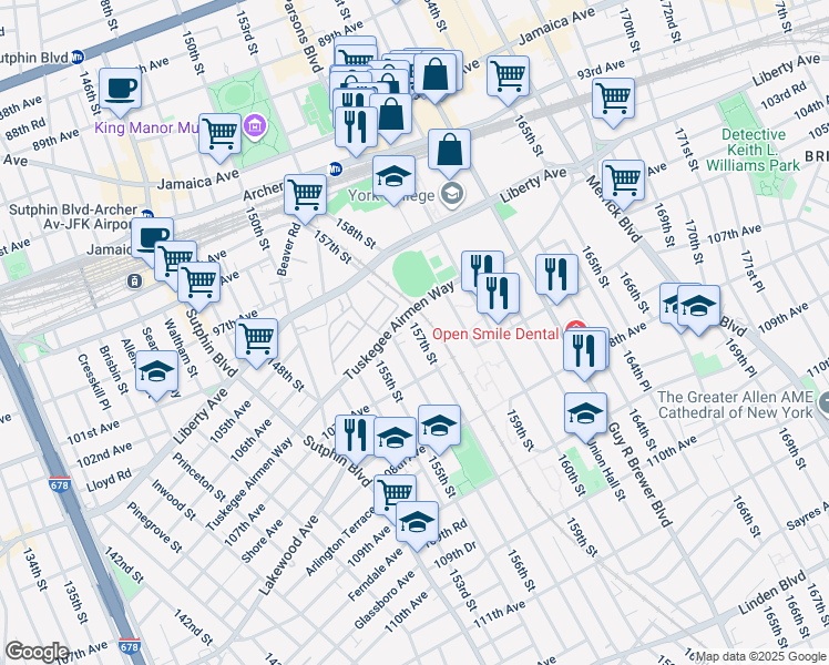 map of restaurants, bars, coffee shops, grocery stores, and more near 157-22 Tuskegee Airmen Way in Queens