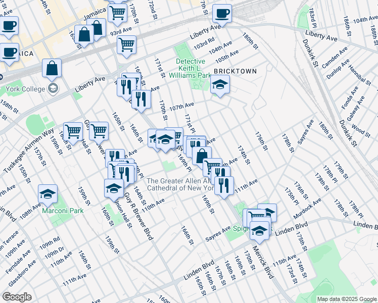 map of restaurants, bars, coffee shops, grocery stores, and more near Merrick Boulevard in Queens