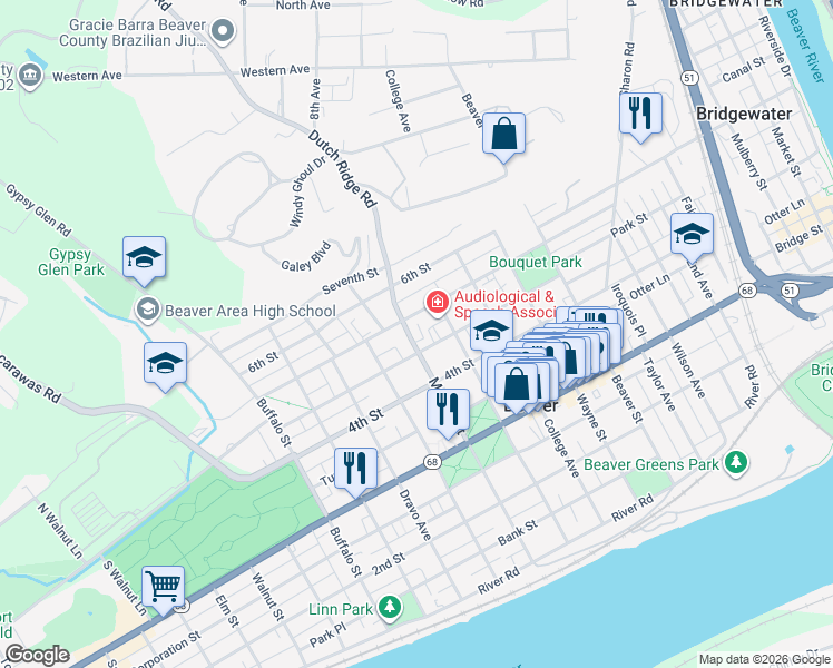 map of restaurants, bars, coffee shops, grocery stores, and more near 701 5th Street in Beaver
