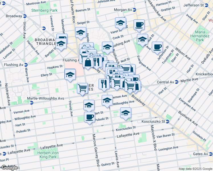 map of restaurants, bars, coffee shops, grocery stores, and more near Lewis Avenue & Stockton Street in Brooklyn