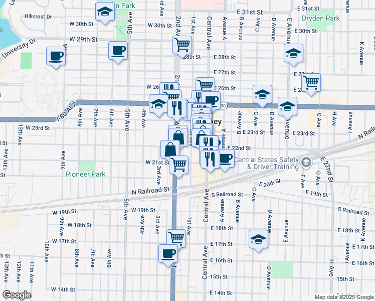map of restaurants, bars, coffee shops, grocery stores, and more near 2201 2nd Avenue in Kearney