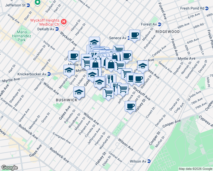 map of restaurants, bars, coffee shops, grocery stores, and more near 1381 Madison Street in Brooklyn