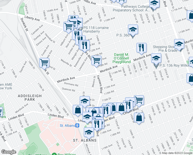 map of restaurants, bars, coffee shops, grocery stores, and more near 11350 Farmers Boulevard in Queens